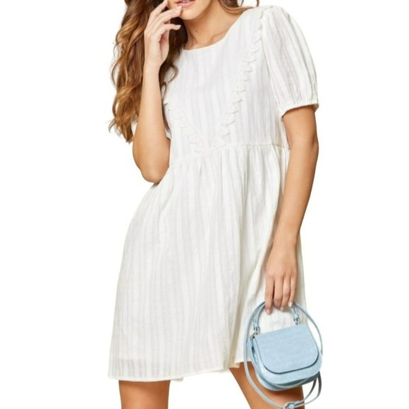 Andree by Unit Puff Sleeve A-Line Striped Mini Dress White Size Large NWT - Picture 2 of 4